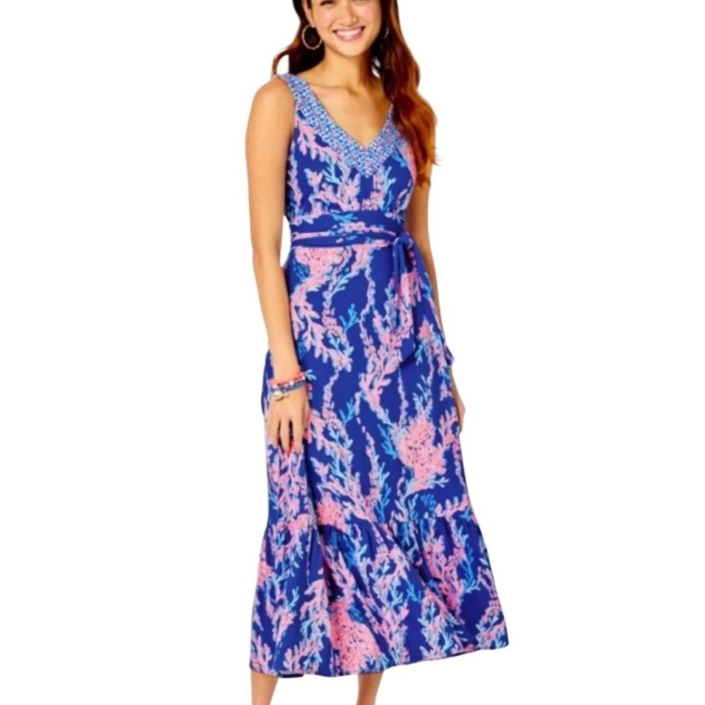 Lilly Pulitzer Madsen XL Borealis Blue Pink Coral V-Neck Midi Dress Sleeveless